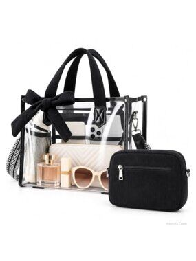 Clear Tote Bag Set with Corduroy Handle Removable Bow Stadium Purse